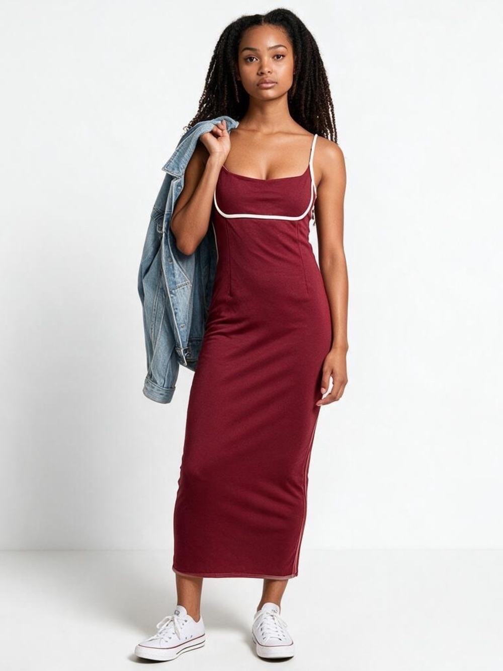 NWT PrettyGarden Burgundy Wine Midi Dress White Trim Sleeveless L